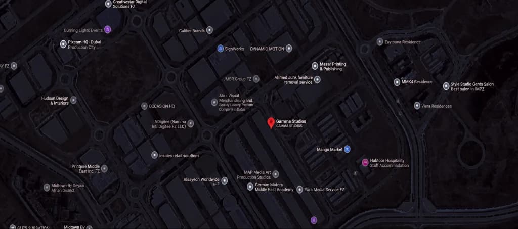 Map showing Gamma Studios in Dubai Production City