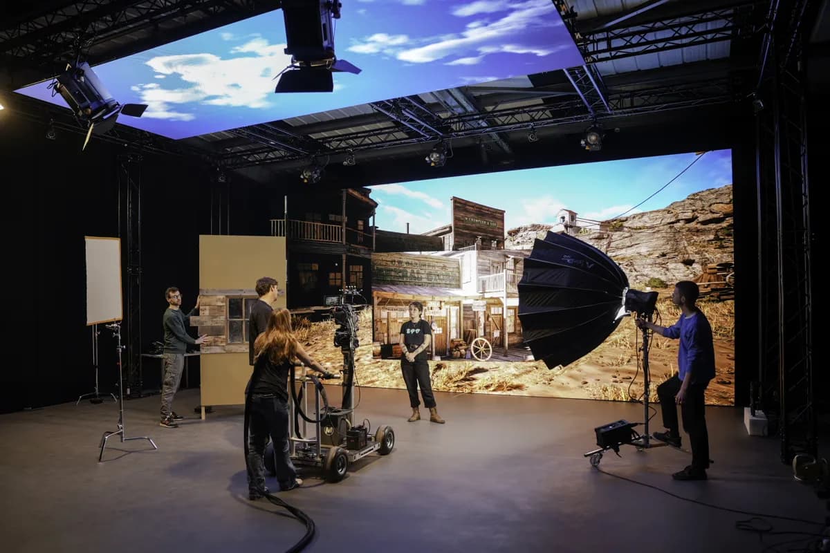 Film crew working on the Gamma Studios LED stage
