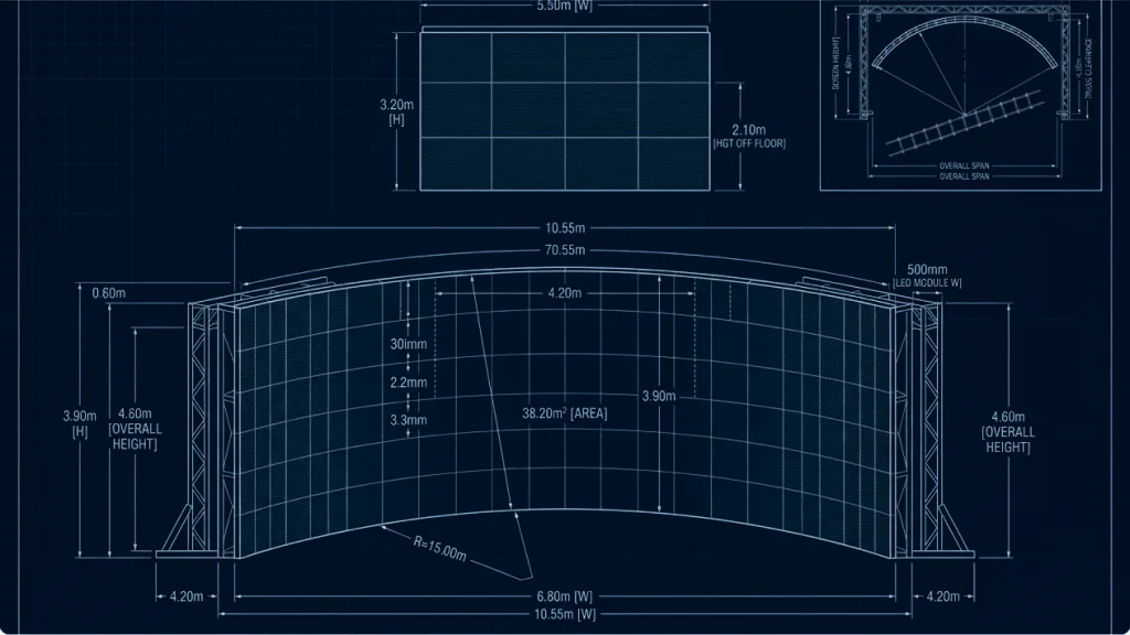Technical blueprint of the LED volume layout and dimensions